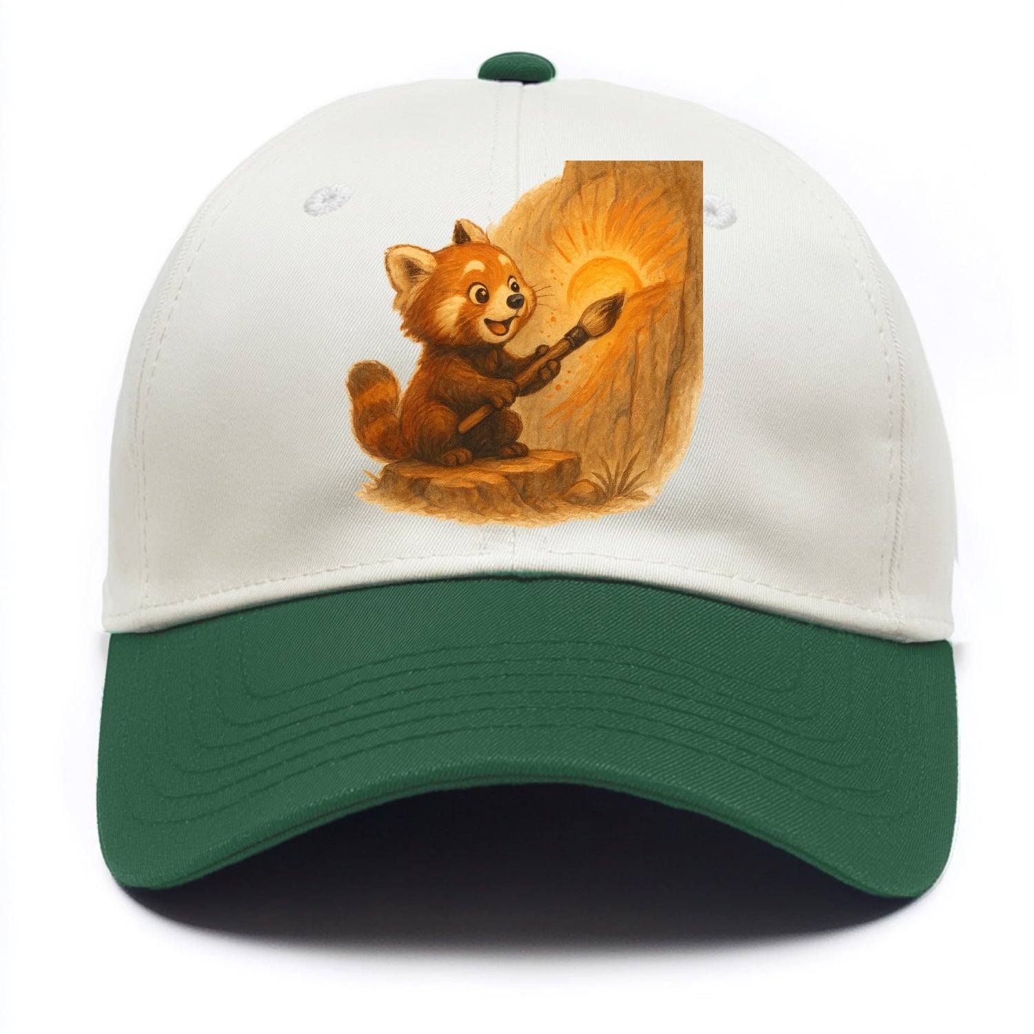 Red panda painting a sunrise mural with an oversized calligraphy brush on a cliff - Two Tone Cap - Green