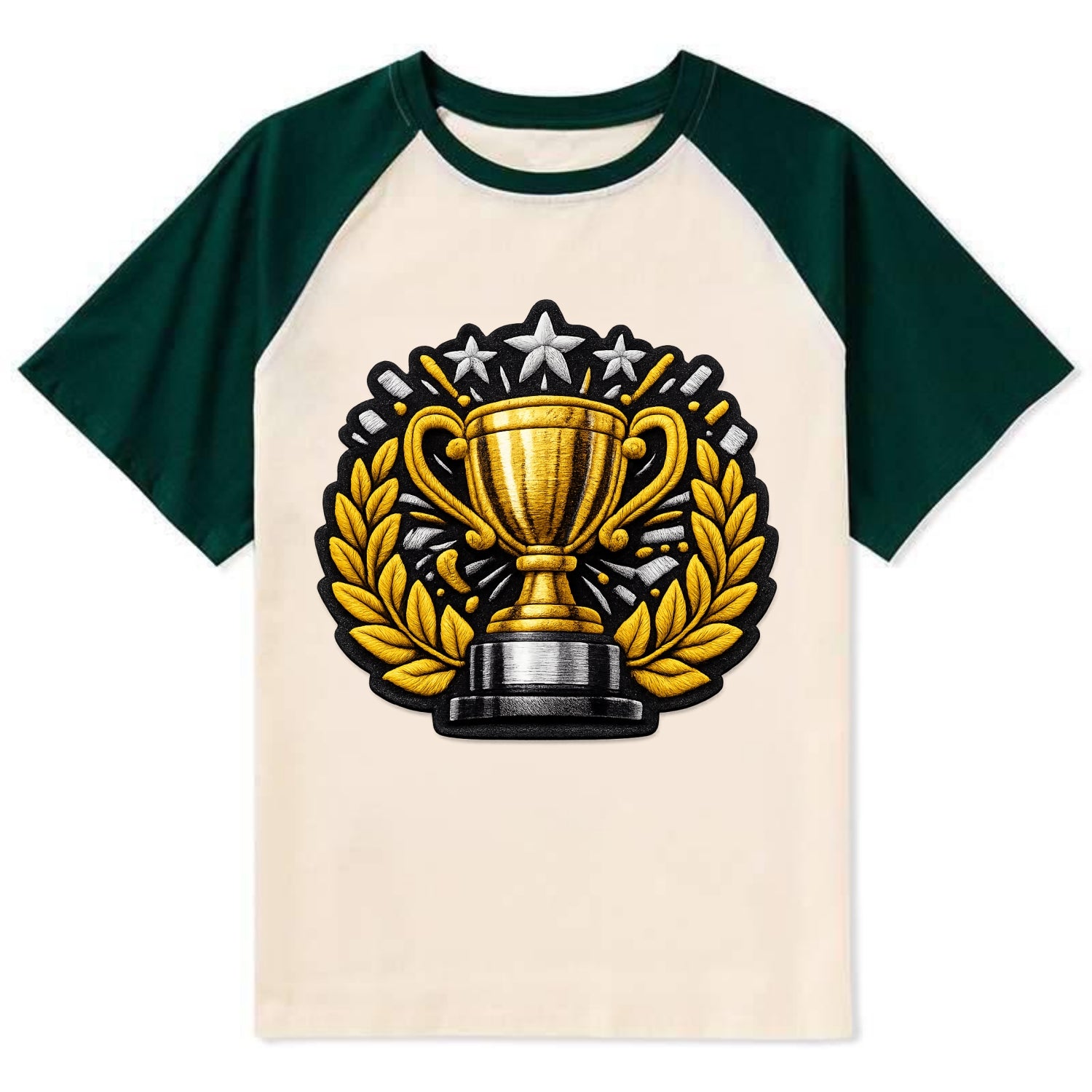 Embroidered patch design - CHAMPIONSHIP TROPHY - golden trophy cup with - Contrast Raglan T-shirt - Green