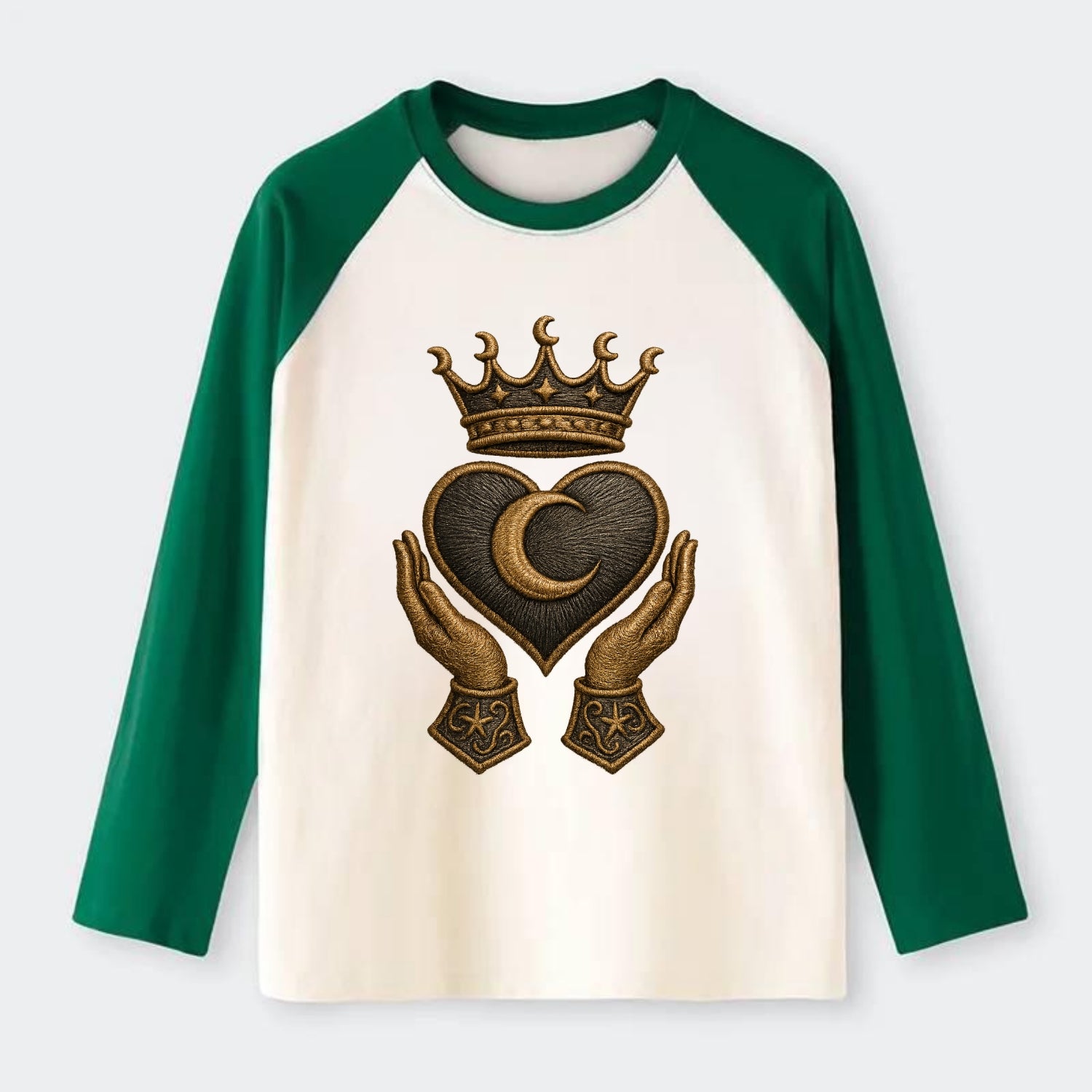 Moonlit crescent crown cradling a hematite heart with stargazer hands - Raglan Long Sleeve T-Shirt - Green
