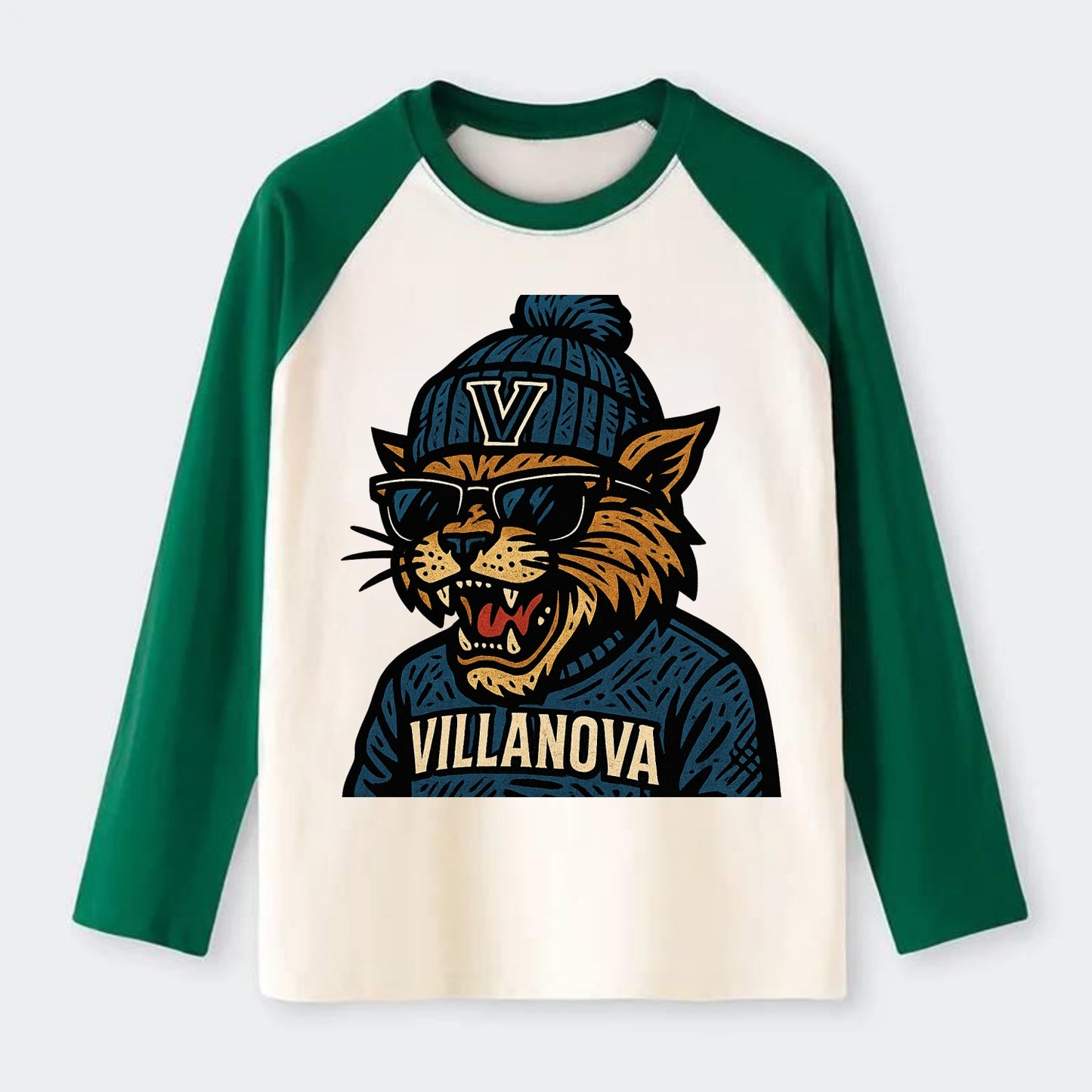 Villanova Wildcat wearing Villanova beanie with V patch - Raglan Long Sleeve T-Shirt - Green