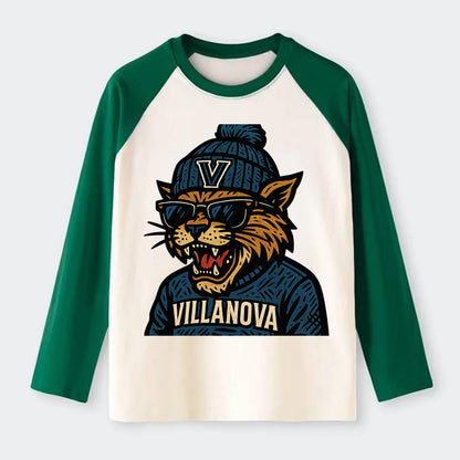 Villanova Wildcat wearing Villanova beanie with V patch - Raglan Long Sleeve T-Shirt - Green