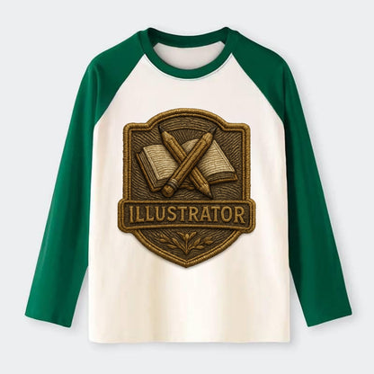 Pencils and sketchbook - illustrator badge - Raglan Long Sleeve T-Shirt - Green