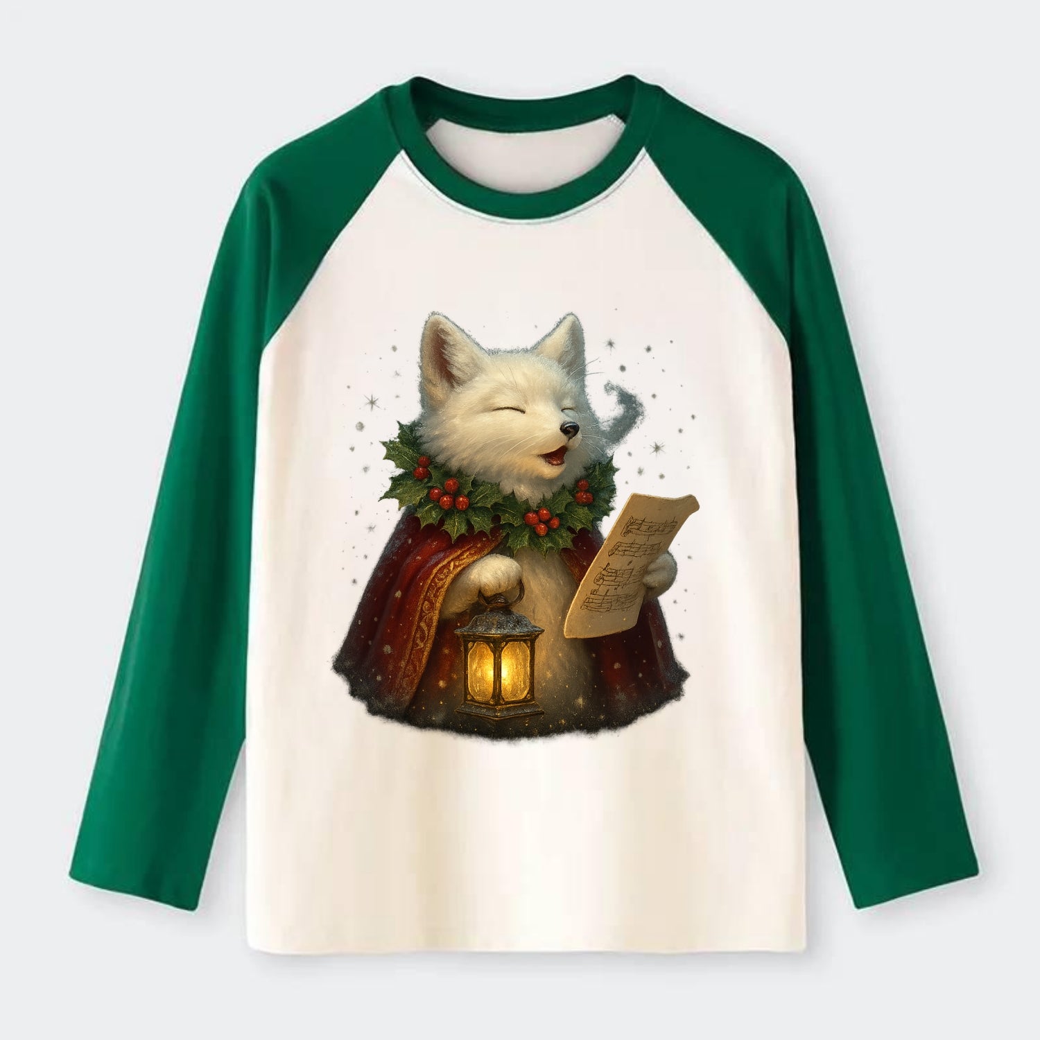 Snowbound Arctic Fox Caroler  - Raglan Long Sleeve T-Shirt - Green