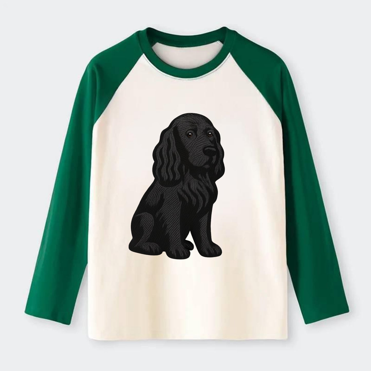 Field Spaniel - Black silky coat embroidered pose - Raglan Long Sleeve T-Shirt - Green