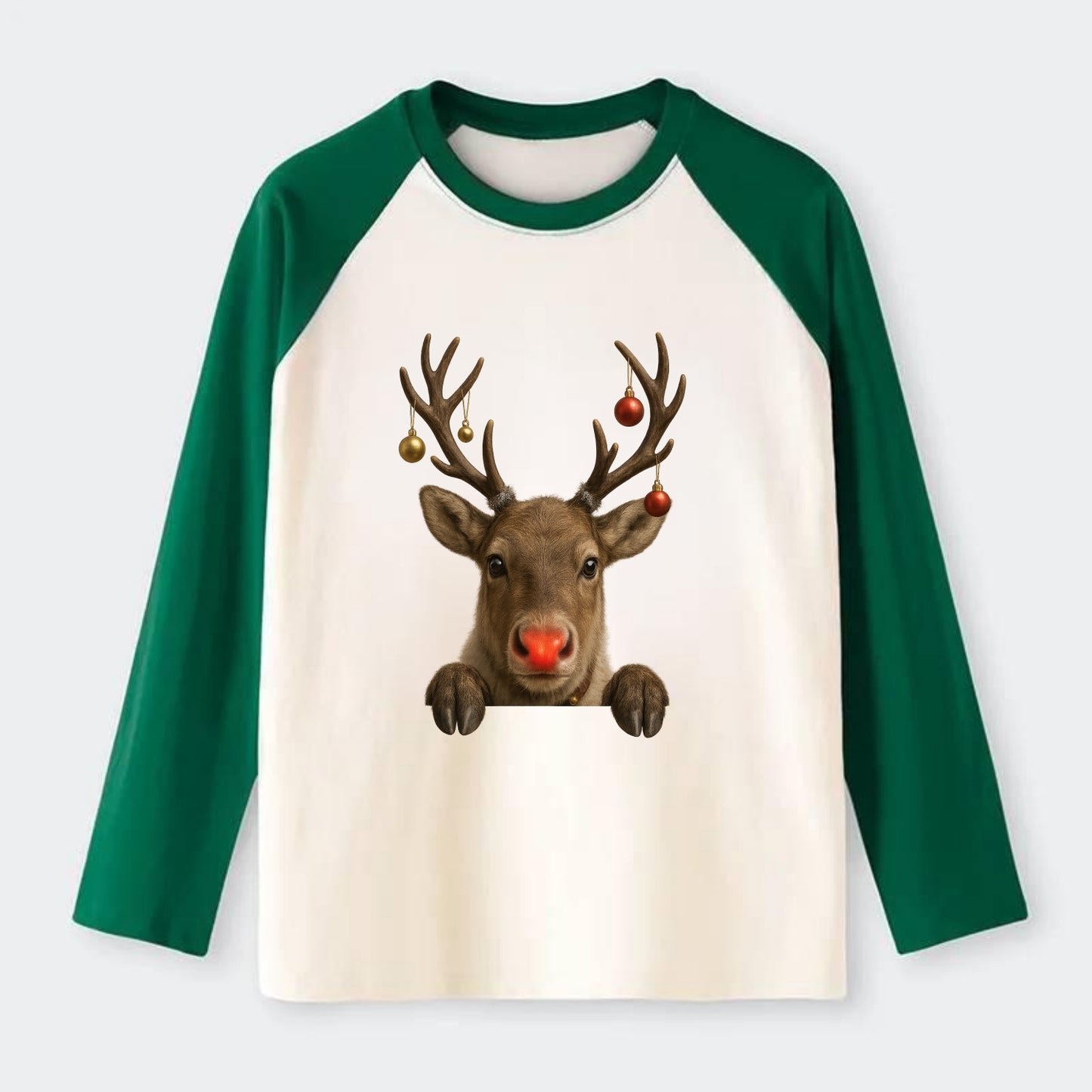 Christmas Reindeer  - Raglan Long Sleeve T-Shirt - Green