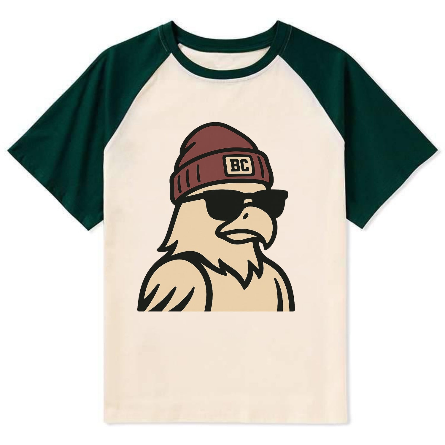 Chestnut Hill Eagle wearing Boston College beanie with BC patch - Contrast Raglan T-shirt - Green