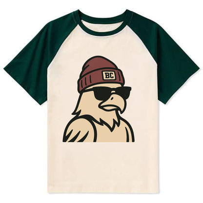 Chestnut Hill Eagle wearing Boston College beanie with BC patch - Contrast Raglan T-shirt - Green