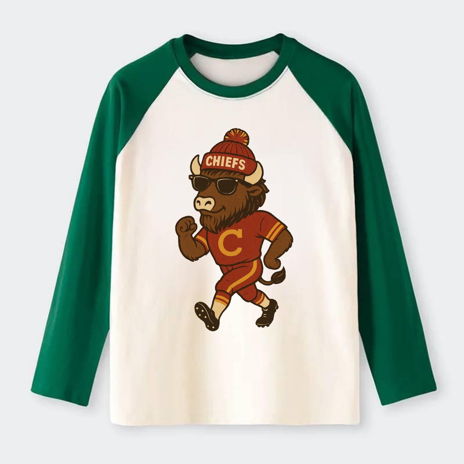 KC Bison wearing Chiefs beanie with arrowhead patch and wayfarer - Raglan Long Sleeve T-Shirt - Green