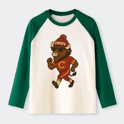 KC Bison wearing Chiefs beanie with arrowhead patch and wayfarer - Raglan Long Sleeve T-Shirt - Green