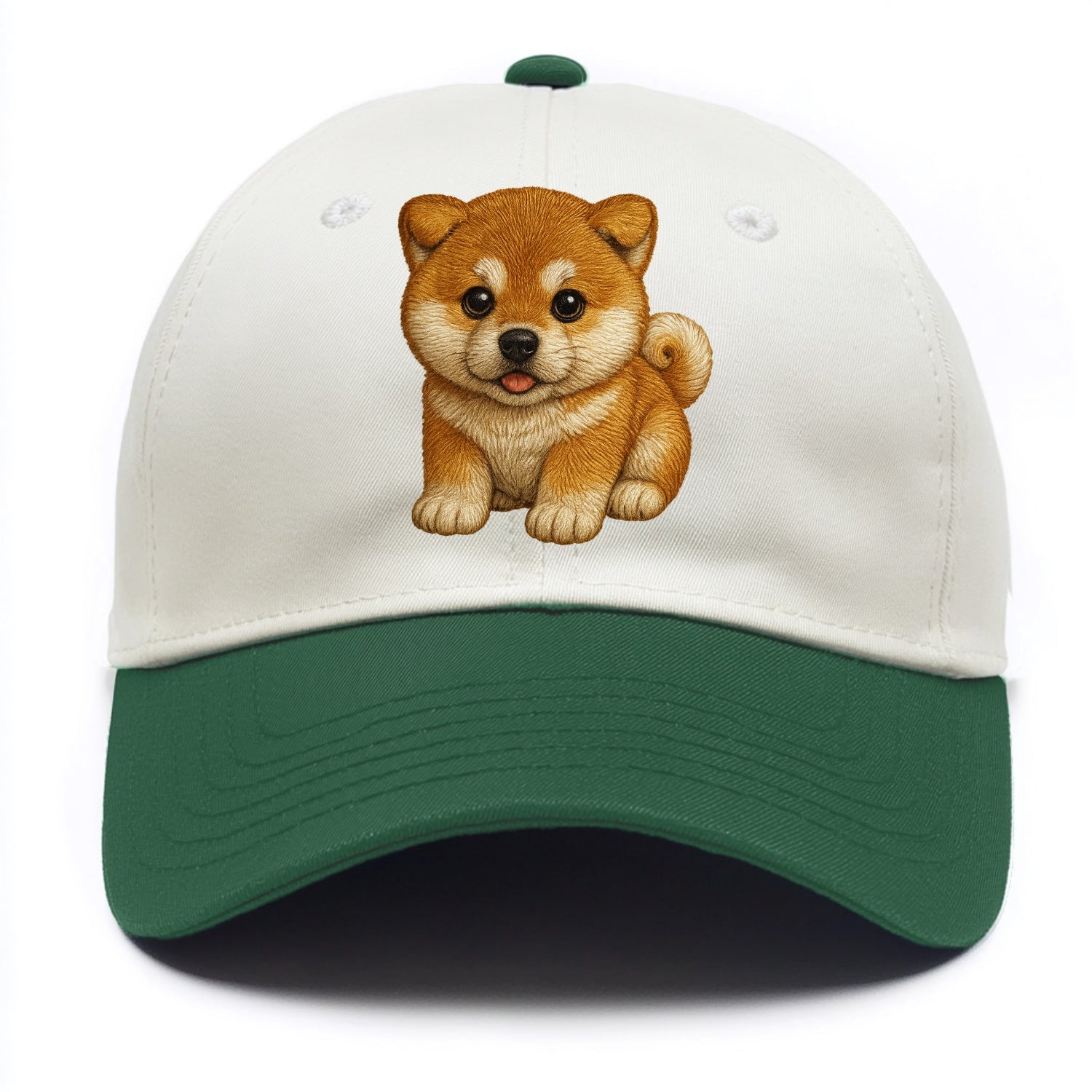 Baby Akita Puppy - fluffy bear-like, curled tail, dignified eyes, front-facing, - Two Tone Cap - Green