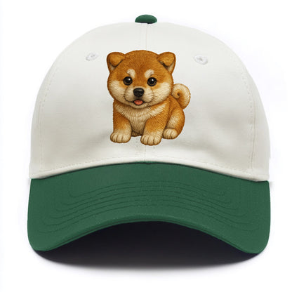 Baby Akita Puppy - fluffy bear-like, curled tail, dignified eyes, front-facing, - Two Tone Cap - Green