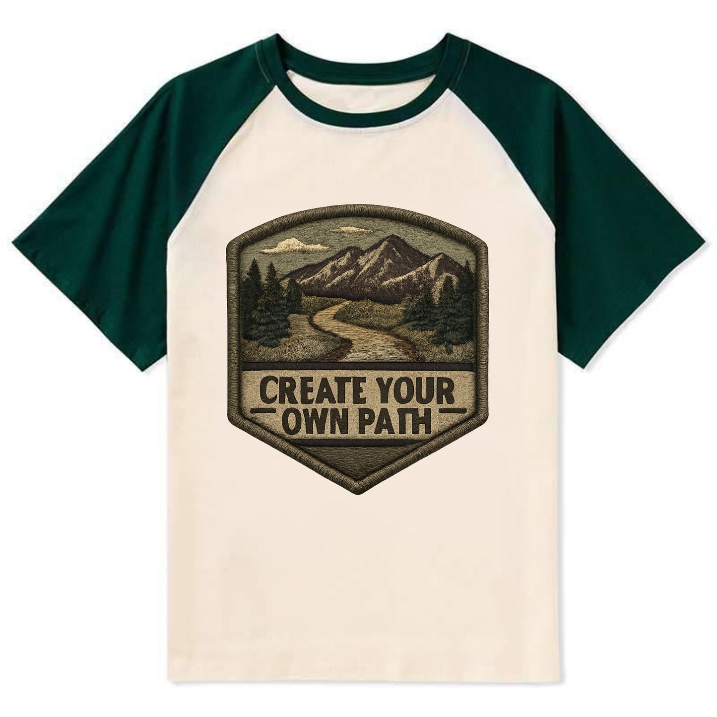 CREATE YOUR OWN PATH - trail with text in brown , independence - Contrast Raglan T-shirt - Green