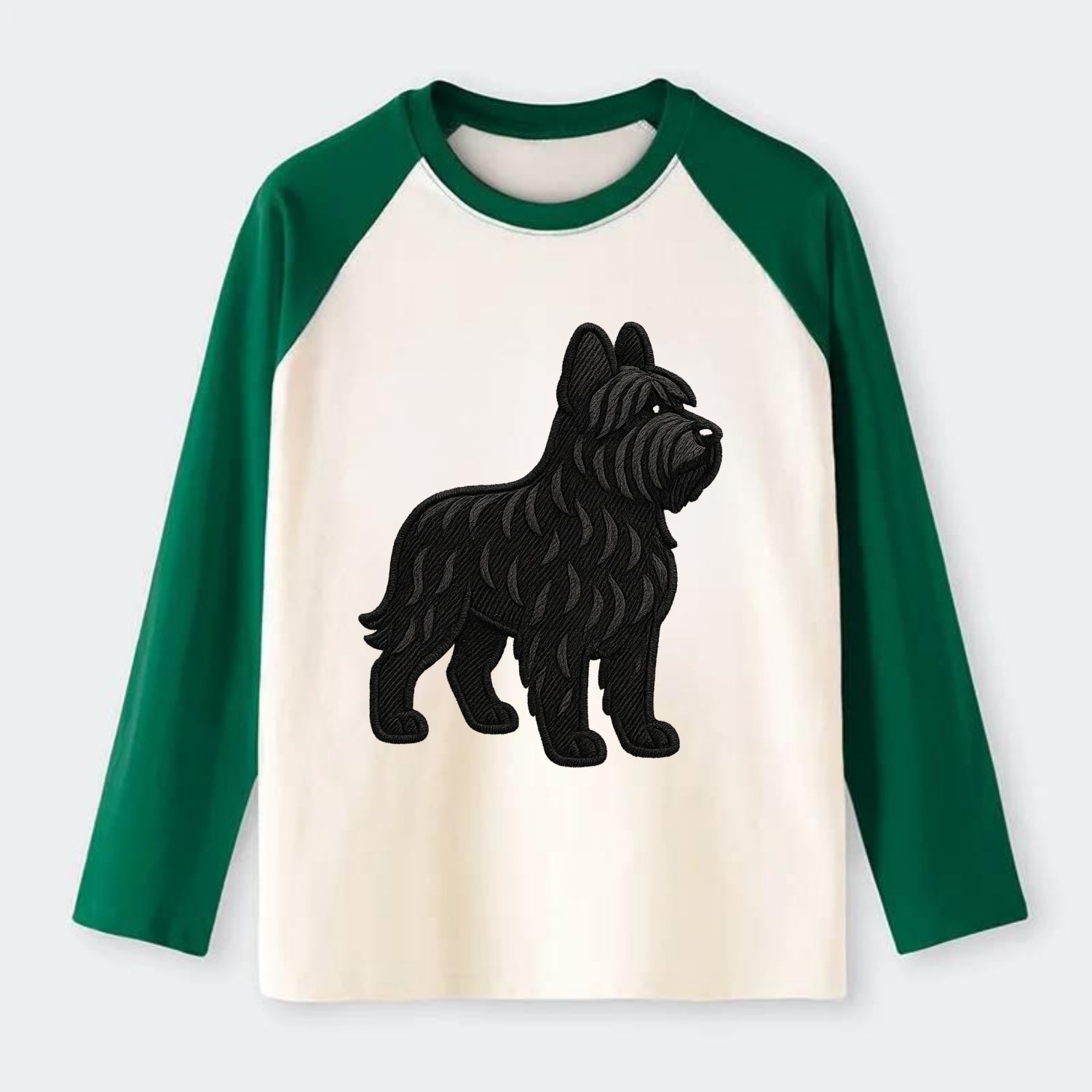 Briard - Black wavy coat embroidered herding pose - Raglan Long Sleeve T-Shirt - Green