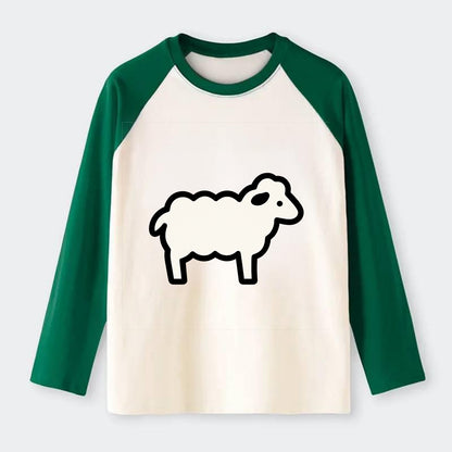 Sheep - White fluffy wool flat side profile - Raglan Long Sleeve T-Shirt - Green