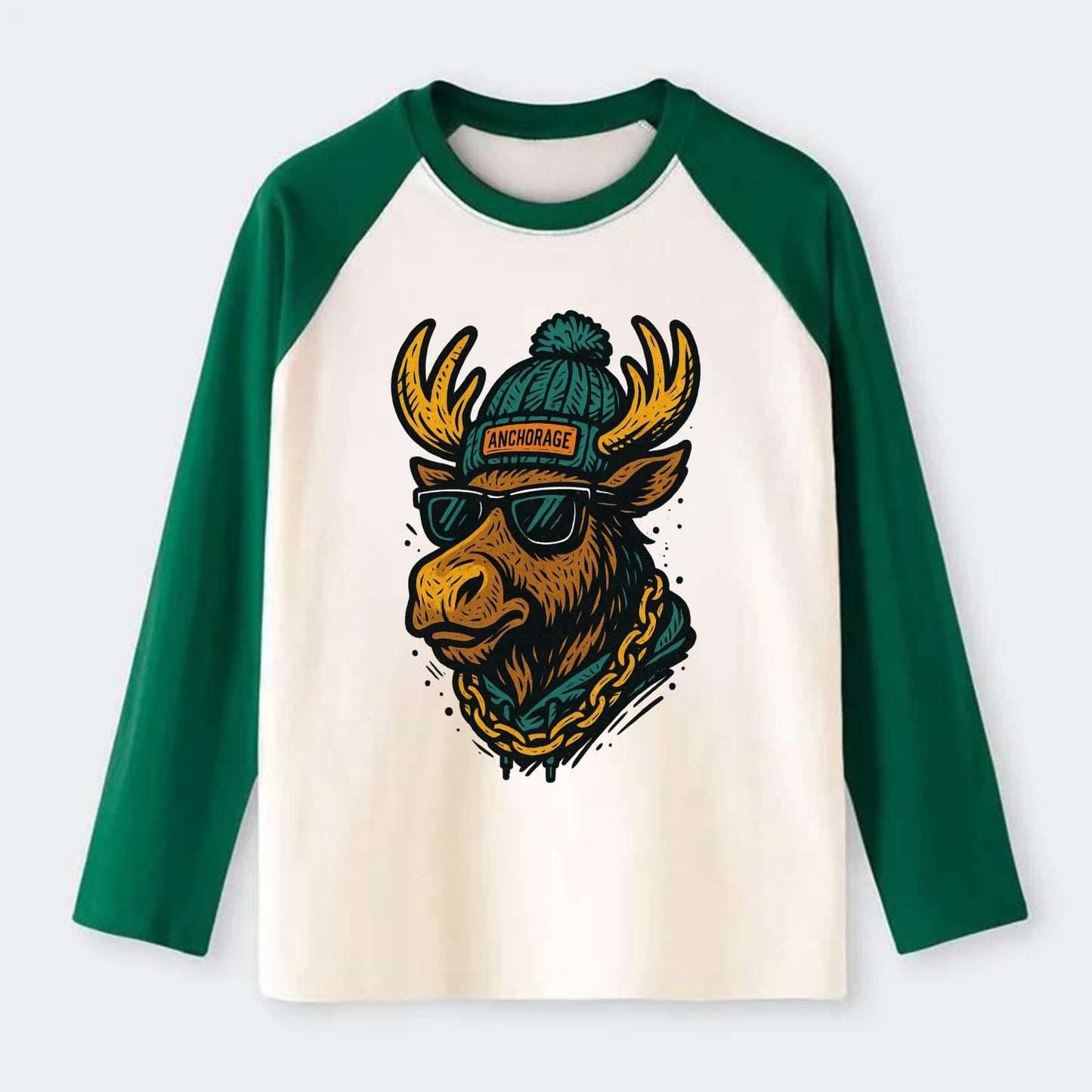 Alaska Moose wearing Anchorage beanie with pom pom and wayfarer - Raglan Long Sleeve T-Shirt - Green