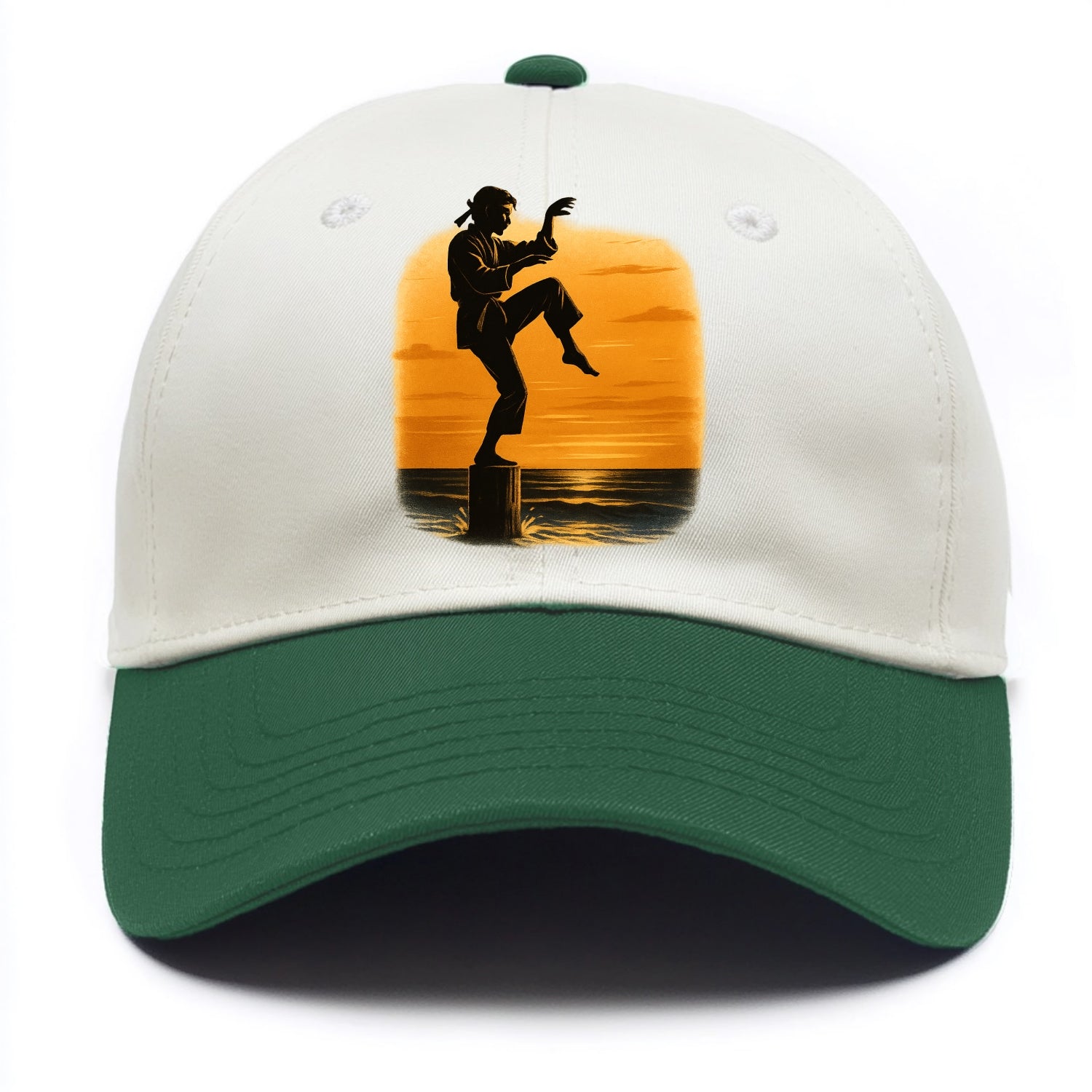 karate crane kick pose on wooden post at beach sunset - Two Tone Cap - Green
