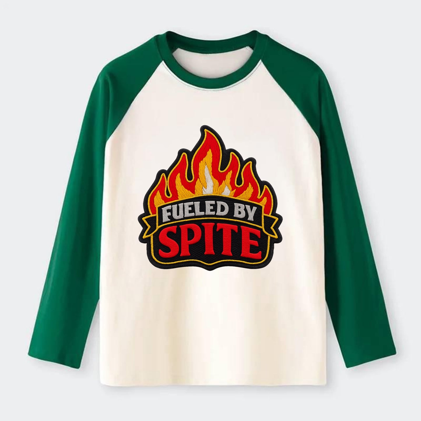 FUELED BY SPITE - fire with text in black and red , petty motivation - Raglan Long Sleeve T-Shirt - Green