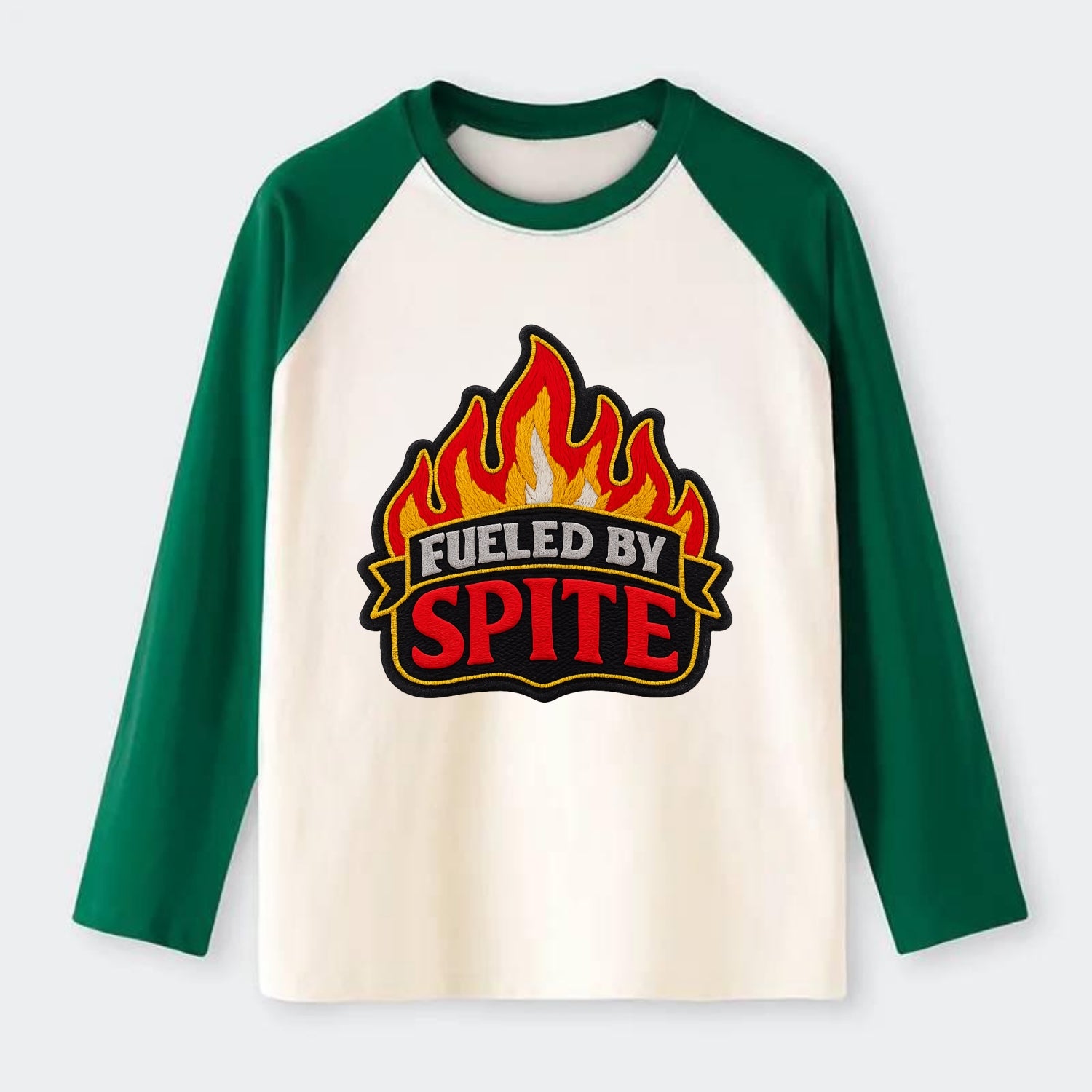 FUELED BY SPITE - fire with text in black and red , petty motivation - Raglan Long Sleeve T-Shirt - Green