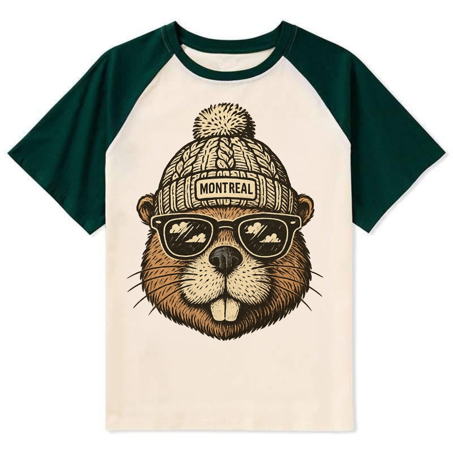 Montreal Beaver wearing Montreal beanie - Contrast Raglan T-shirt - Green
