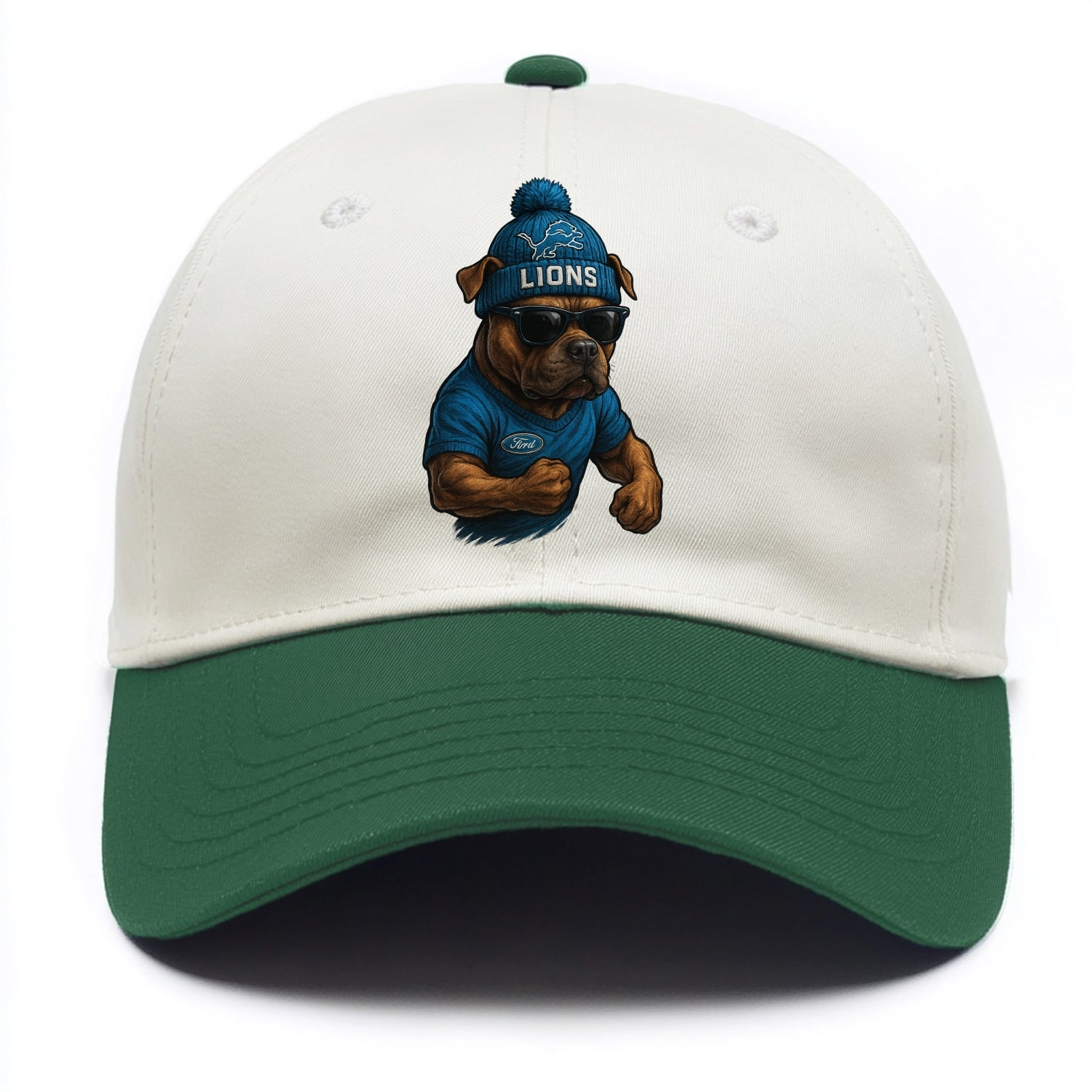 Detroit Pitbull wearing Lions beanie with auto patch and wayfarer sunglasses - Two Tone Cap - Green