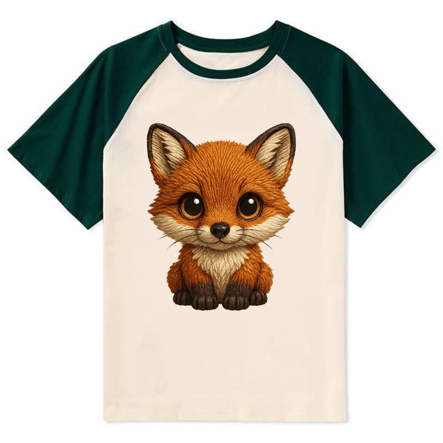Baby Red Fox - russet fur, white chest, big amber eyes, perky ears, - Contrast Raglan T-shirt - Green