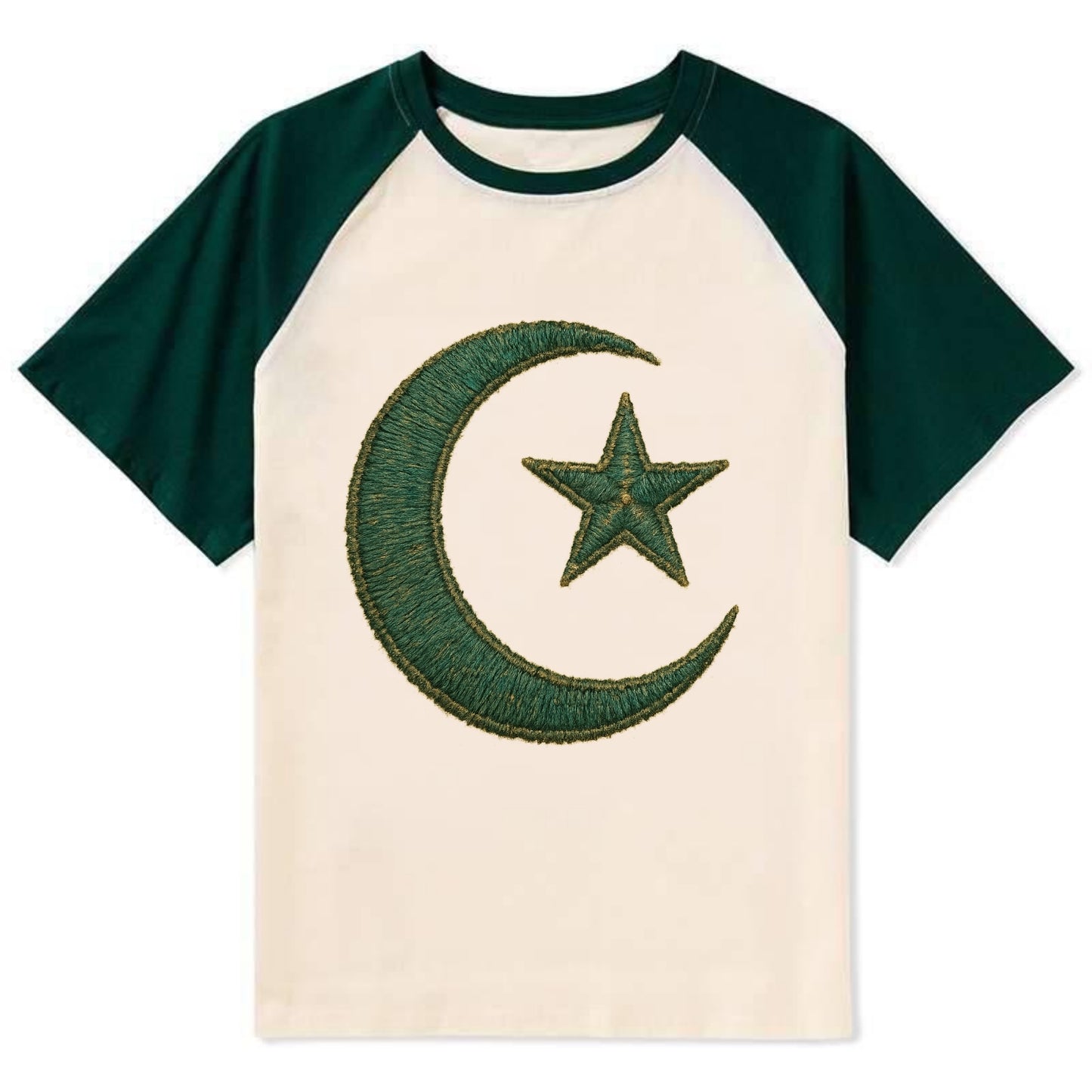 Crescent Moon and Star - Contrast Raglan T-shirt - Green