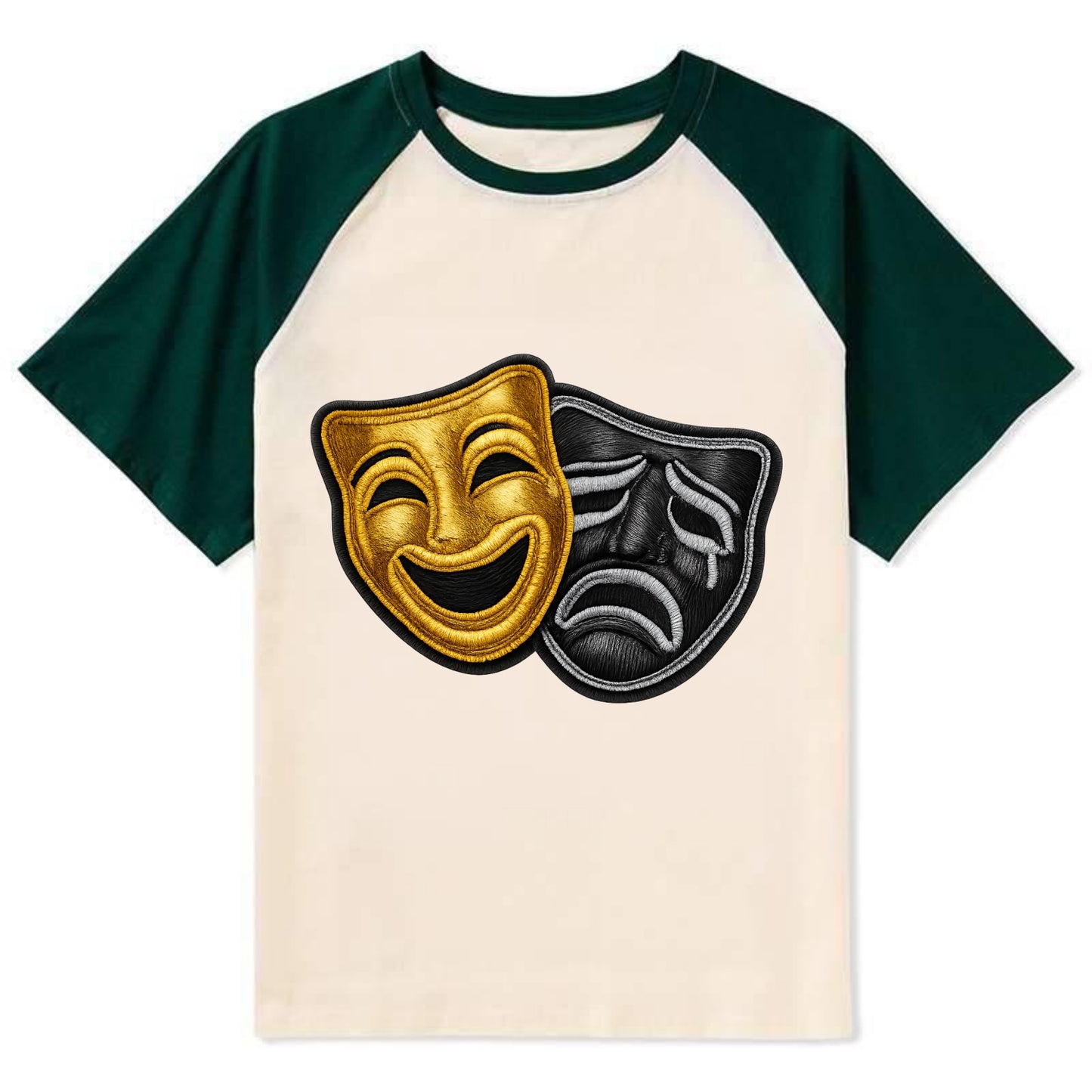 BROADWAY MASKS - comedy tragedy masks in gold and black , theater - Contrast Raglan T-shirt - Green