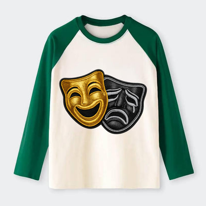 BROADWAY MASKS - comedy tragedy masks in gold and black , theater - Raglan Long Sleeve T-Shirt - Green