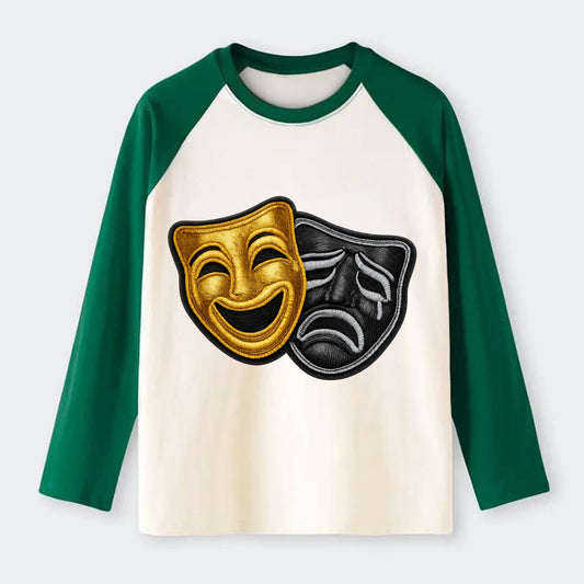 BROADWAY MASKS - comedy tragedy masks in gold and black , theater - Raglan Long Sleeve T-Shirt - Green
