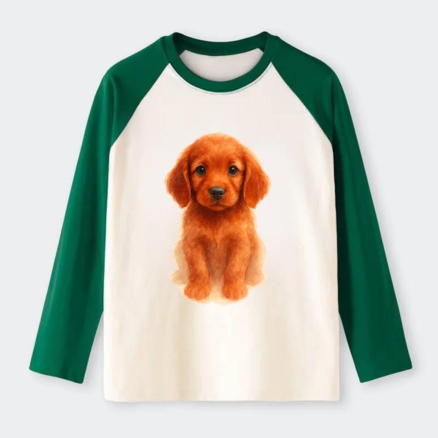 Baby Irish Setter Puppy - mahogany red coat, feathered ears, friendly - Raglan Long Sleeve T-Shirt - Green