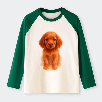 Baby Irish Setter Puppy - mahogany red coat, feathered ears, friendly - Raglan Long Sleeve T-Shirt - Green
