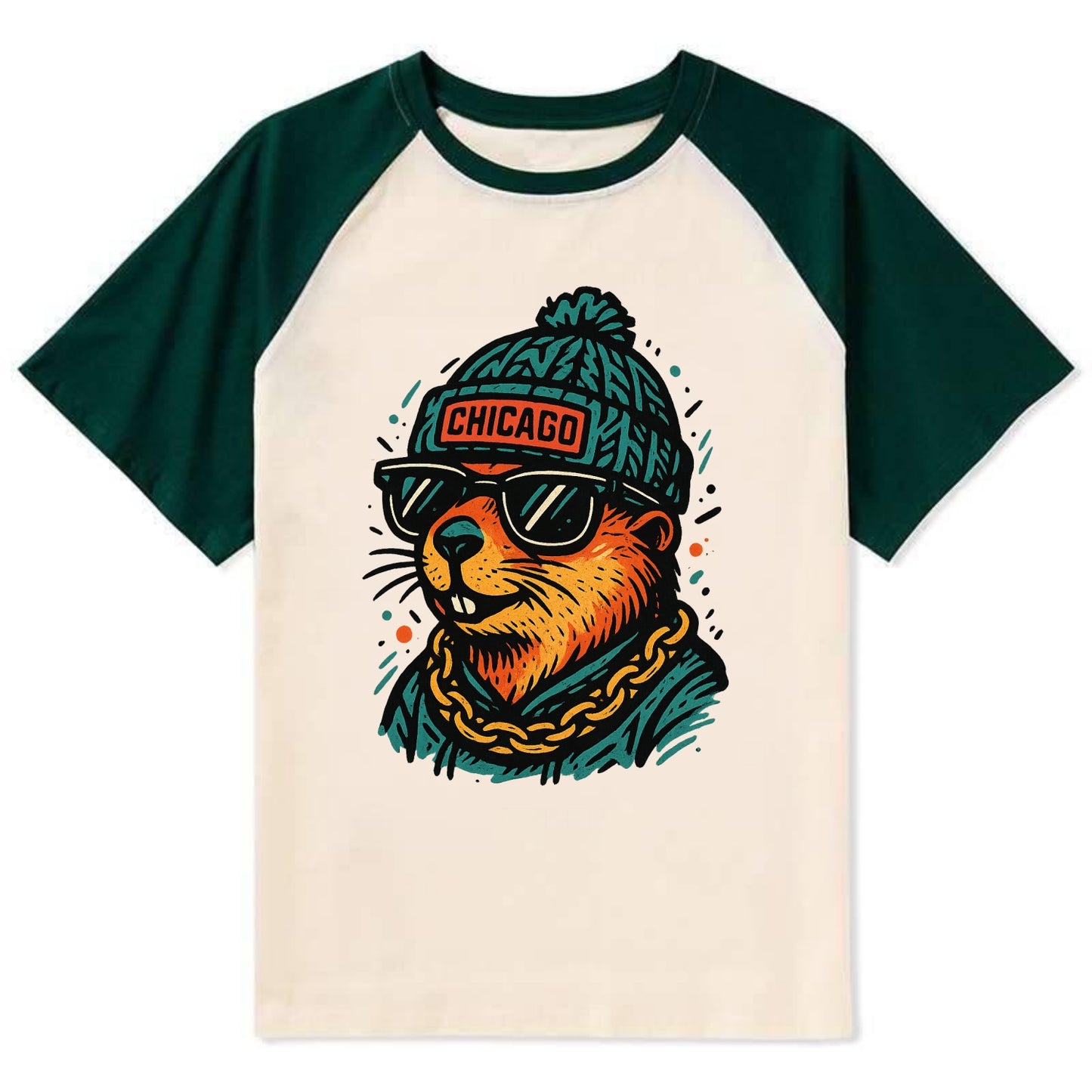 Illinois Prairie Dog wearing Chicago beanie with pom pom and wayfarer - Contrast Raglan T-shirt - Green