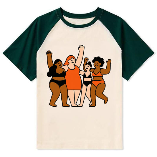 Diverse body types celebrating together - body positivity movement, all - Contrast Raglan T-shirt - Green