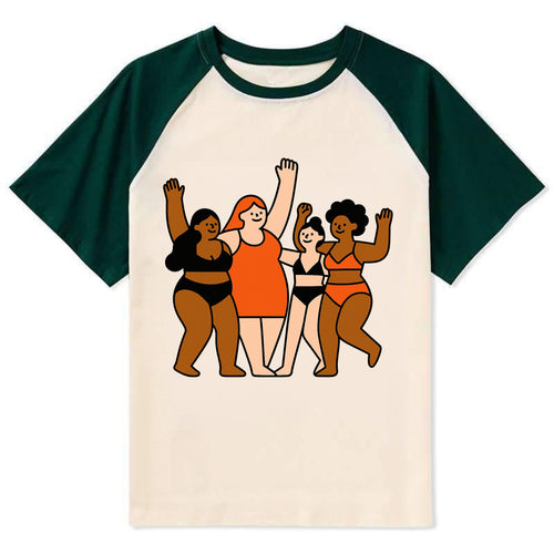 Diverse body types celebrating together - body positivity movement, all - Contrast Raglan T-shirt