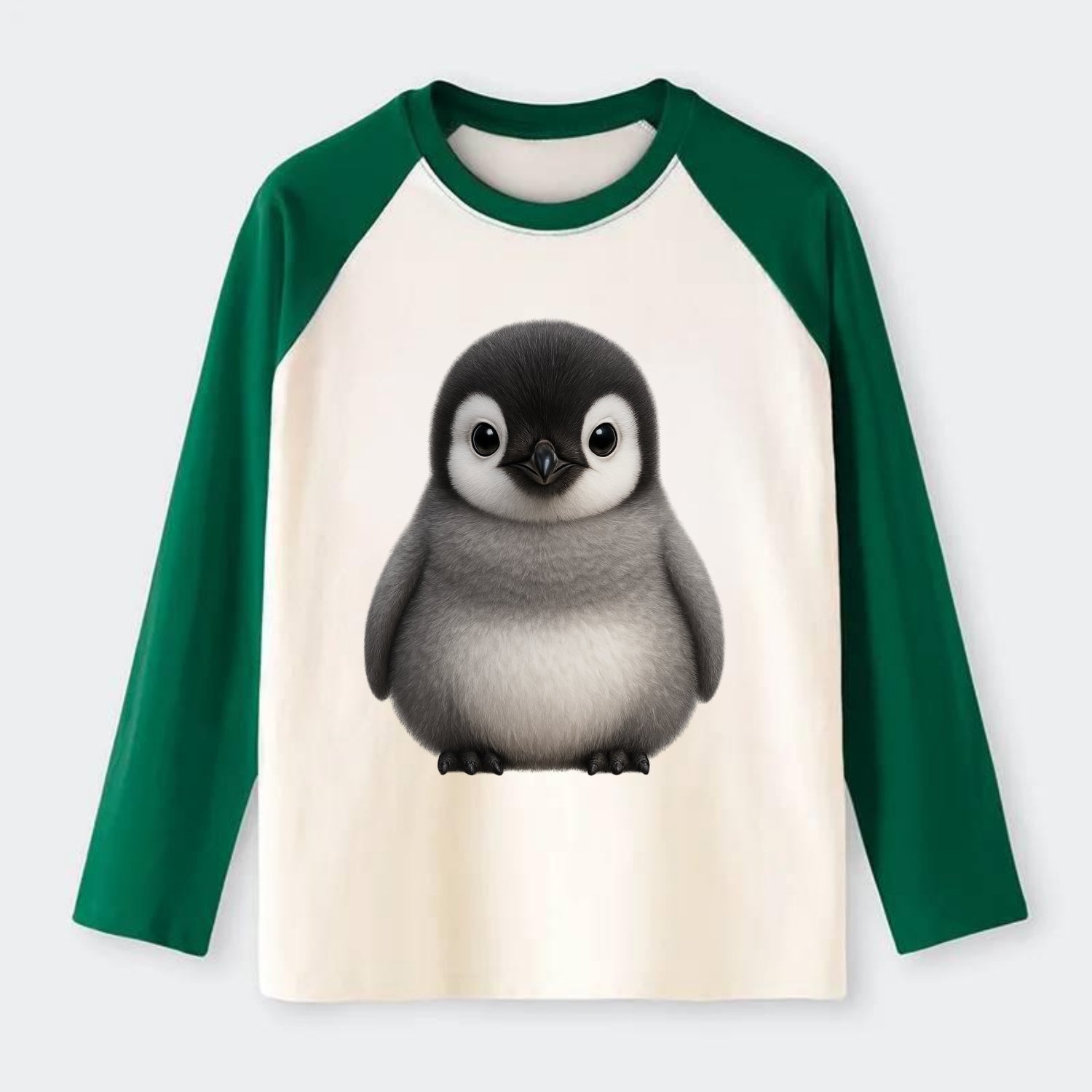 Baby Adelie Penguin - black and white, round body, curious eyes, - Raglan Long Sleeve T-Shirt - Green