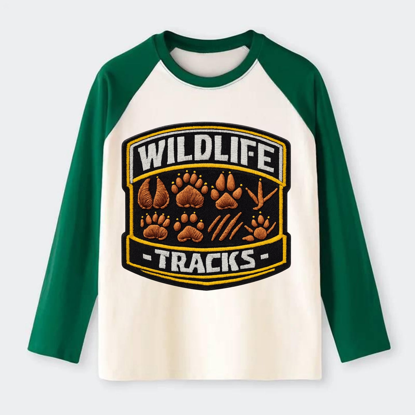 WILDLIFE TRACKS - animal footprints in brown , tracker - Raglan Long Sleeve T-Shirt - Green