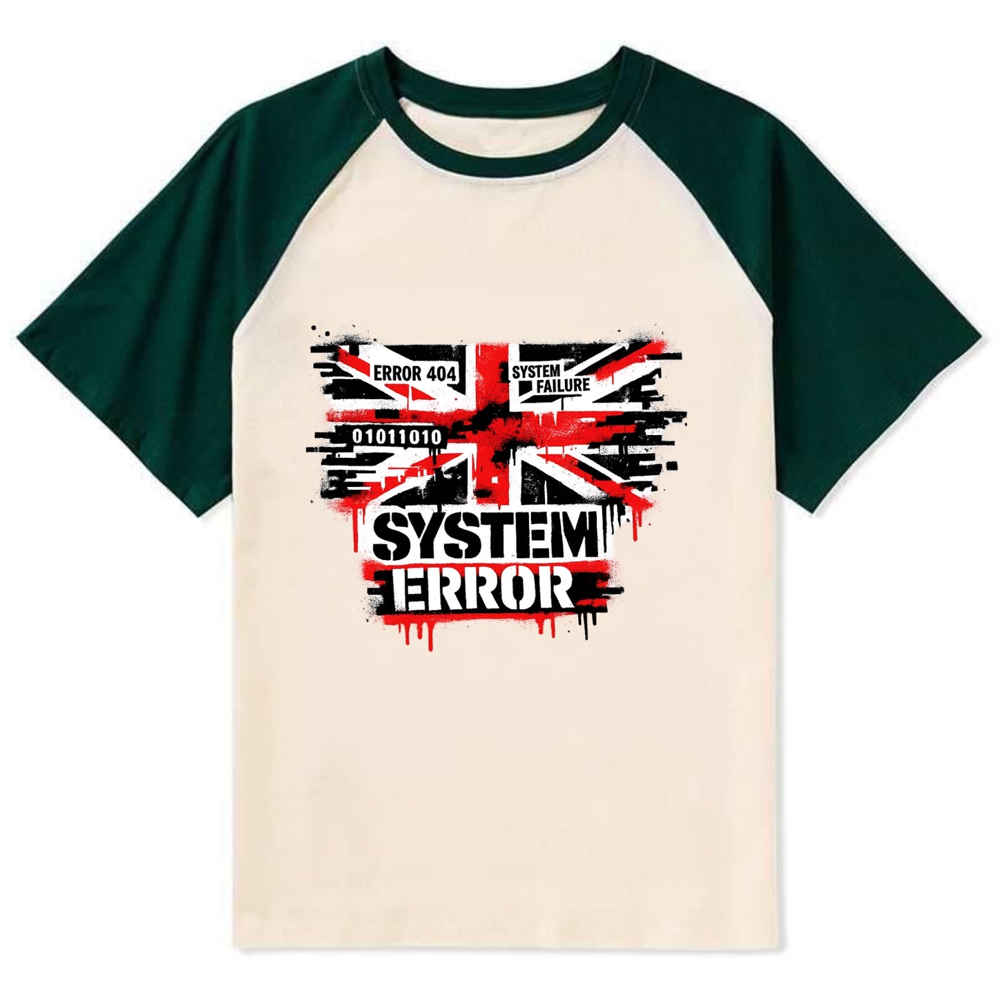 SYSTEM ERROR | Glitch Union Jack pattern | Digital corruption effect | - Contrast Raglan T-shirt - Green
