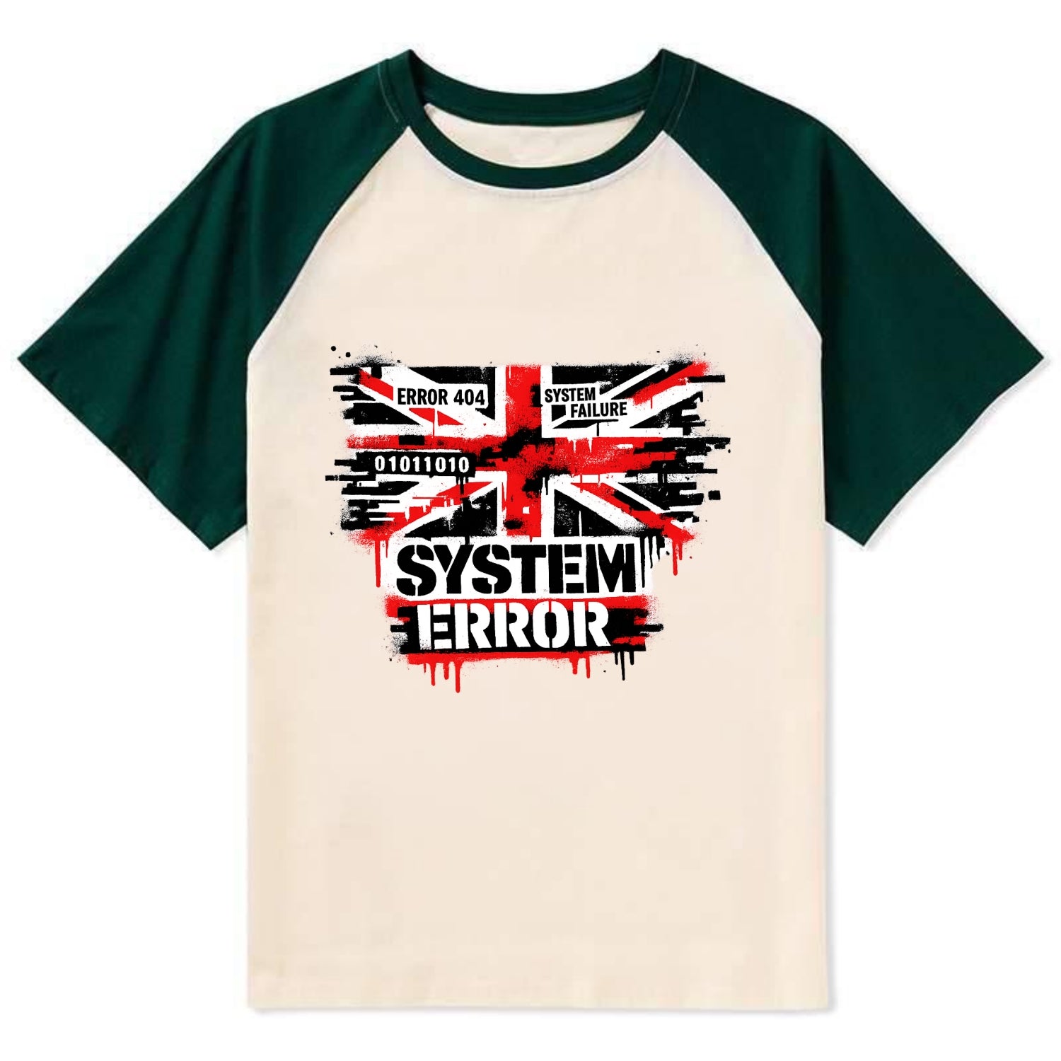 SYSTEM ERROR | Glitch Union Jack pattern | Digital corruption effect | - Contrast Raglan T-shirt - Green
