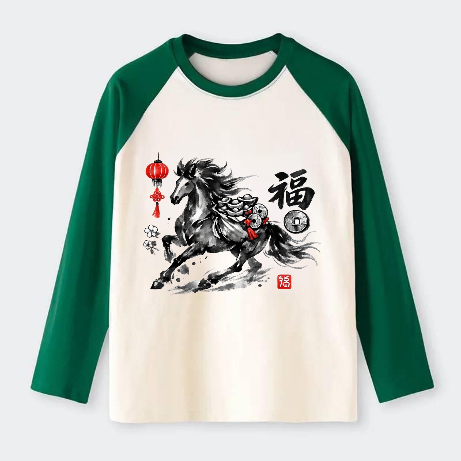 PROSPERITY HORSE | Horse carrying gold ingots and coins | Chinese knot - Raglan Long Sleeve T-Shirt - Green