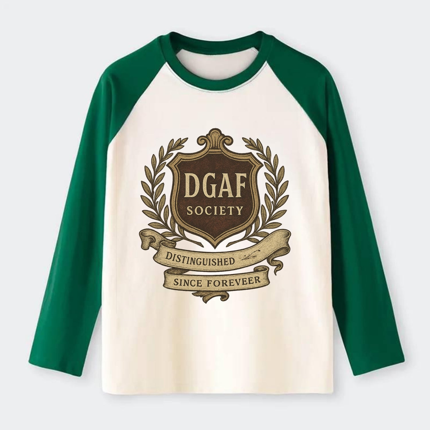 Official membership card design - "DGAF Society - Distinguished - Raglan Long Sleeve T-Shirt - Green