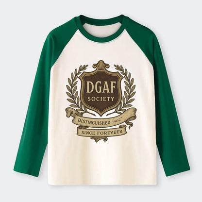 Official membership card design - "DGAF Society - Distinguished - Raglan Long Sleeve T-Shirt - Green