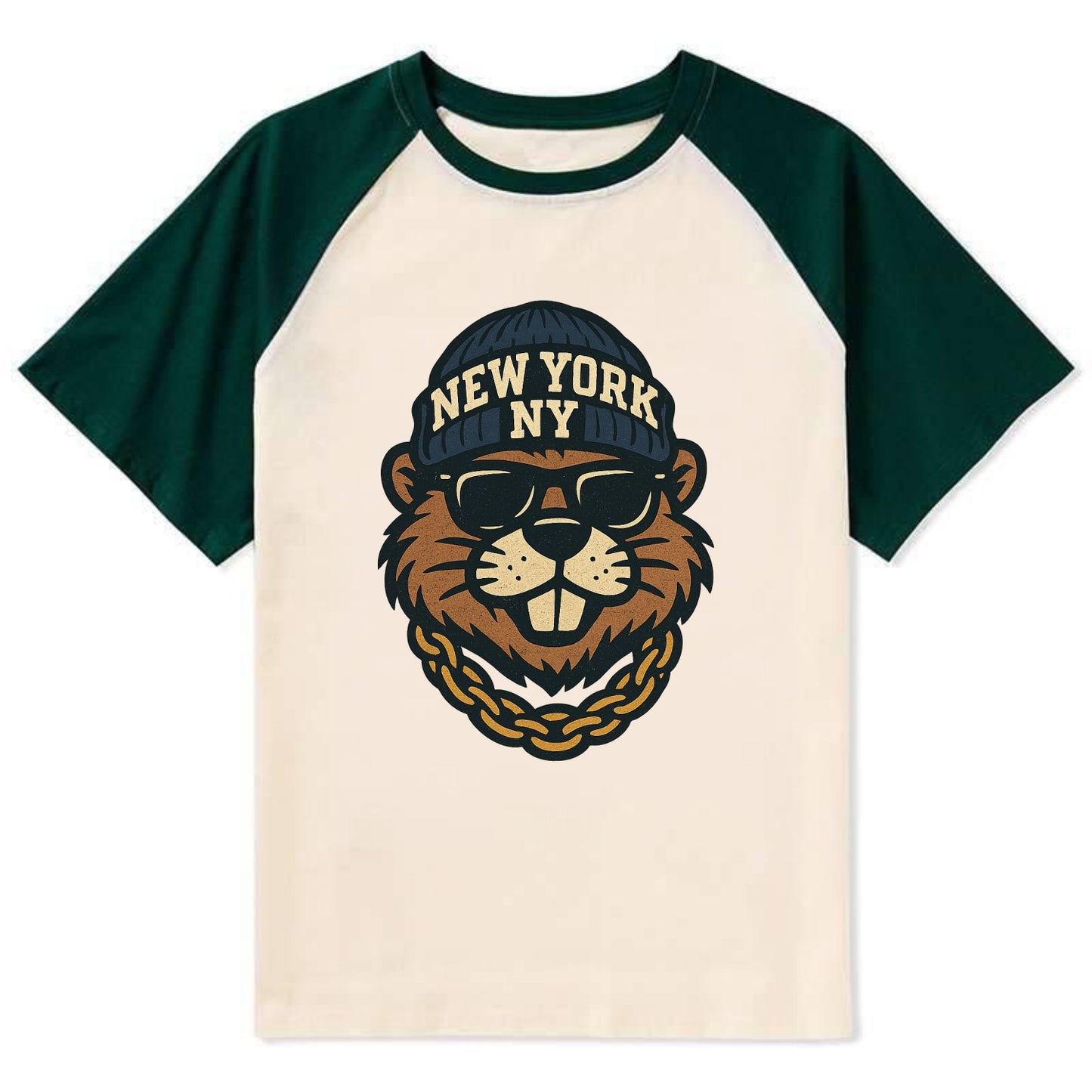 {"animal":"beaver","locationText":"NEW YORK","initials":"NY","beanieColor" - Contrast Raglan T-shirt - Green