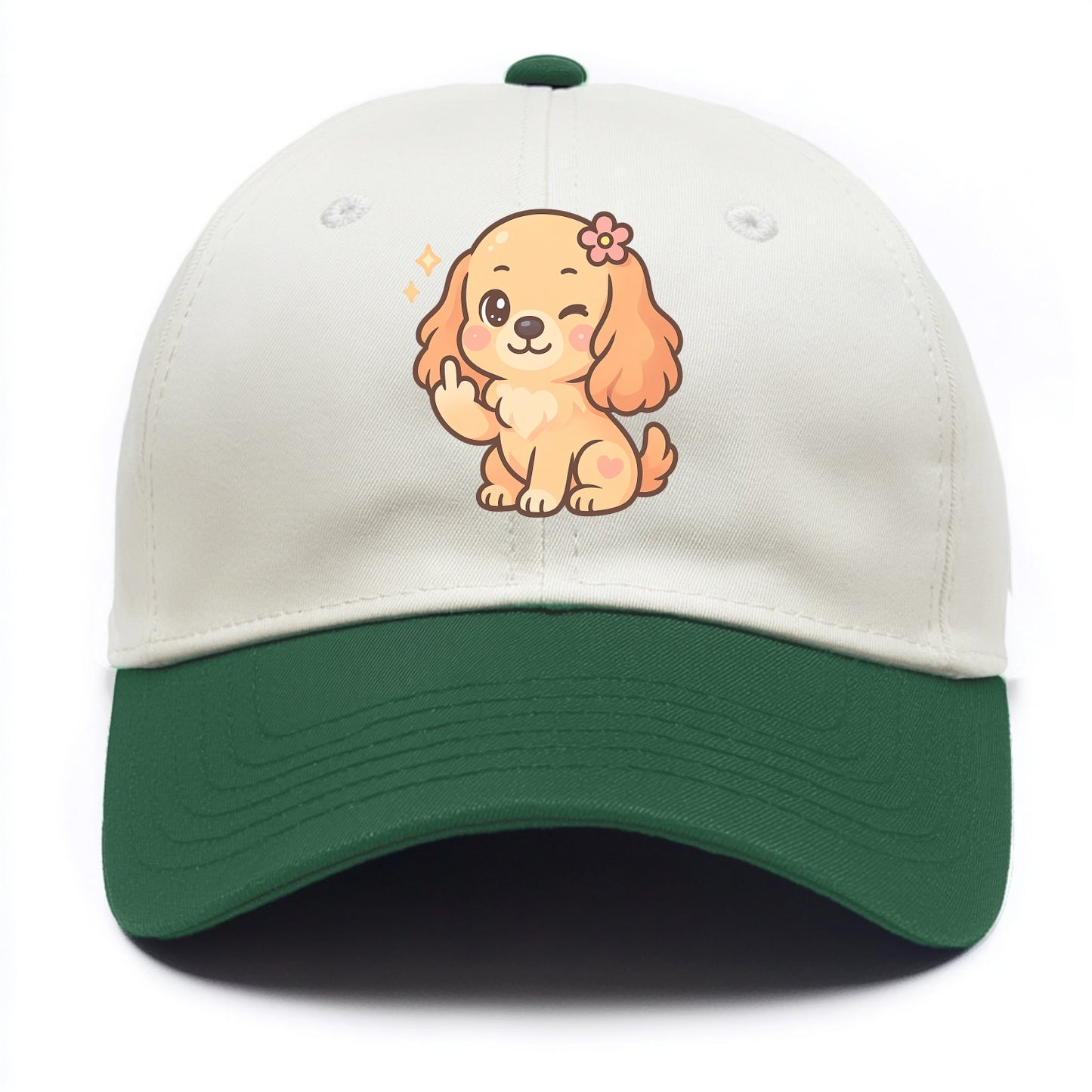 Cocker Spaniel with long wavy ears, gentle face, paw flipping off - Two Tone Cap - Green