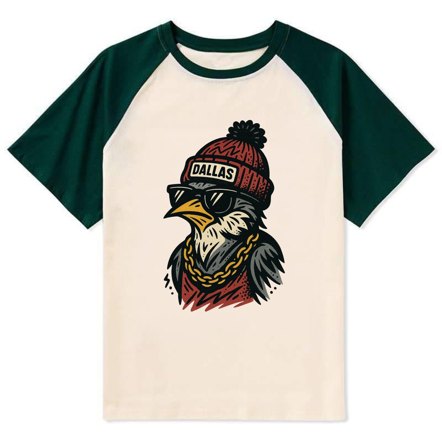 Dallas Mockingbird wearing Dallas beanie with pom pom and wayfarer - Contrast Raglan T-shirt - Green