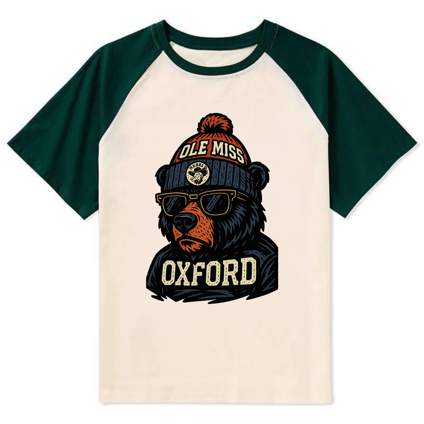 Oxford Black Bear wearing Ole Miss beanie with rebel patch - Contrast Raglan T-shirt - Green