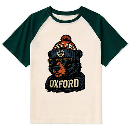 Oxford Black Bear wearing Ole Miss beanie with rebel patch - Contrast Raglan T-shirt - Green
