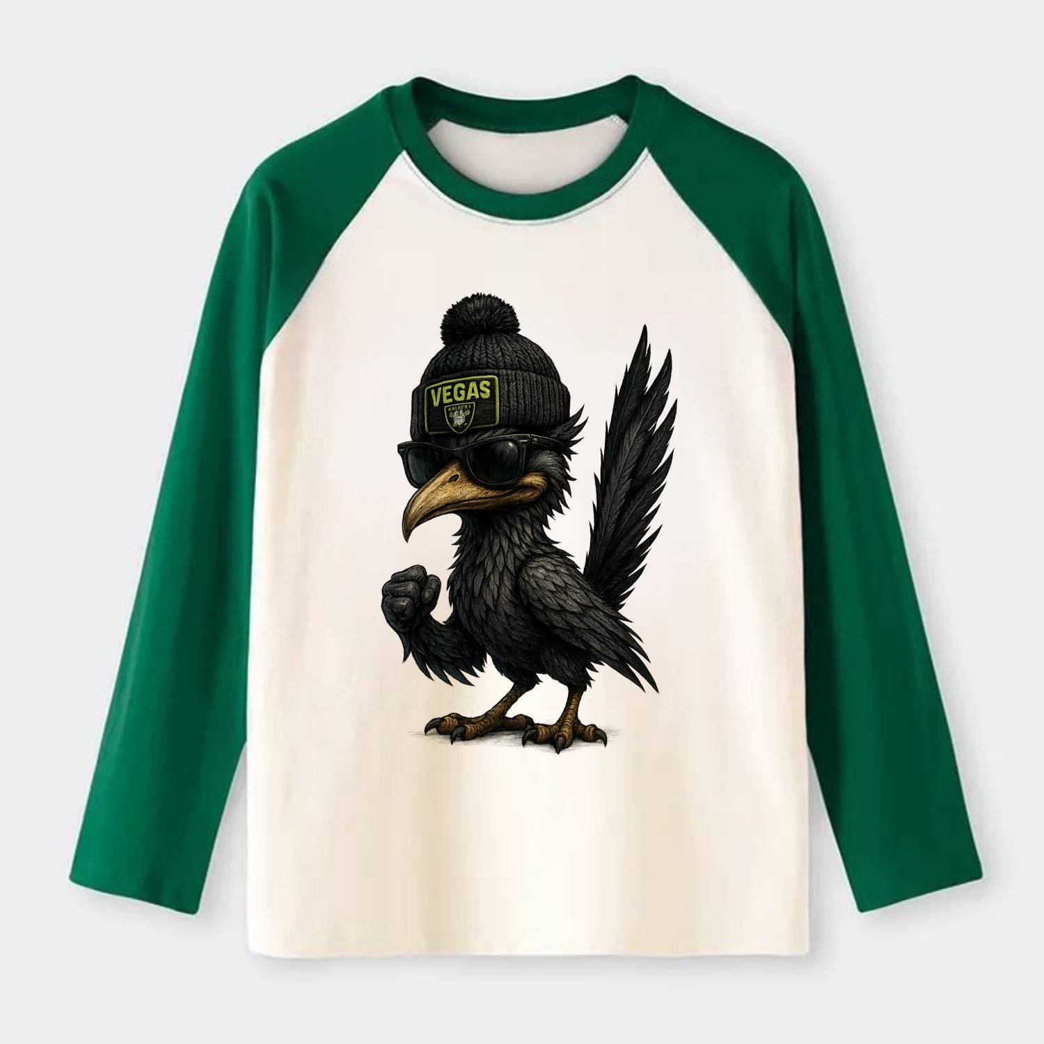 Vegas Roadrunner wearing Raiders beanie with neon patch and wayfarer - Raglan Long Sleeve T-Shirt - Green