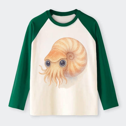 Baby Nautilus - spiral shell, tentacles peeking, ancient eyes, - Raglan Long Sleeve T-Shirt - Green