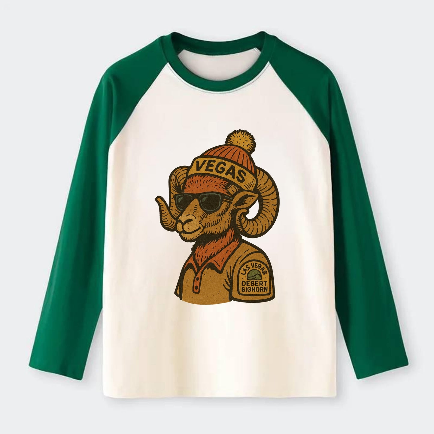 Las Vegas Desert Bighorn wearing Vegas beanie with pom pom and - Raglan Long Sleeve T-Shirt - Green