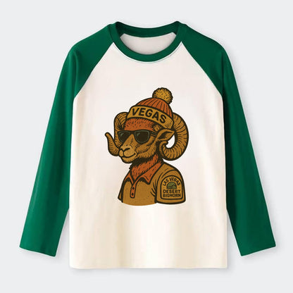 Las Vegas Desert Bighorn wearing Vegas beanie with pom pom and - Raglan Long Sleeve T-Shirt - Green